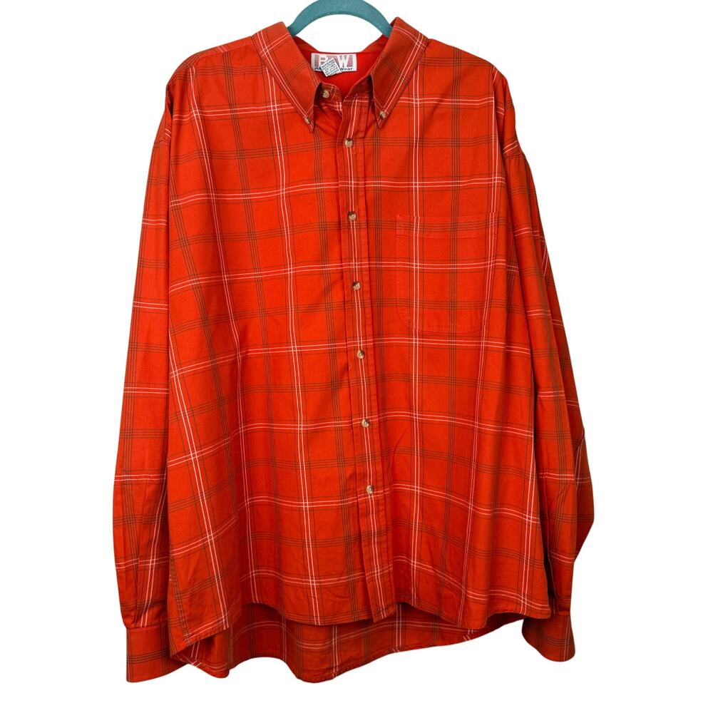 BAW Athletic Wear 2XL Plaid Button Down Shirt Red Orange 100% Cotton Casual